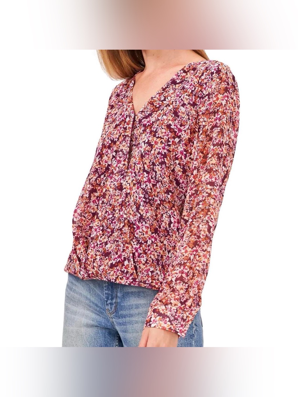 Vince Camuto Floral V-Neck Long Sleeve Blouse - Pink/Burgundy
